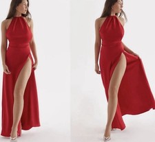 NEW House Of CB Zanab Open Back Satin Maxi Red Slit Cocktail Dress L Holiday
