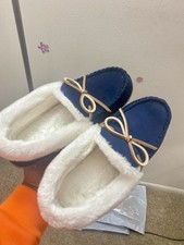 Sonoma Women's Navy Moccasin Slippers Faux Fur Lined Bow Accent Size 8 M7-8