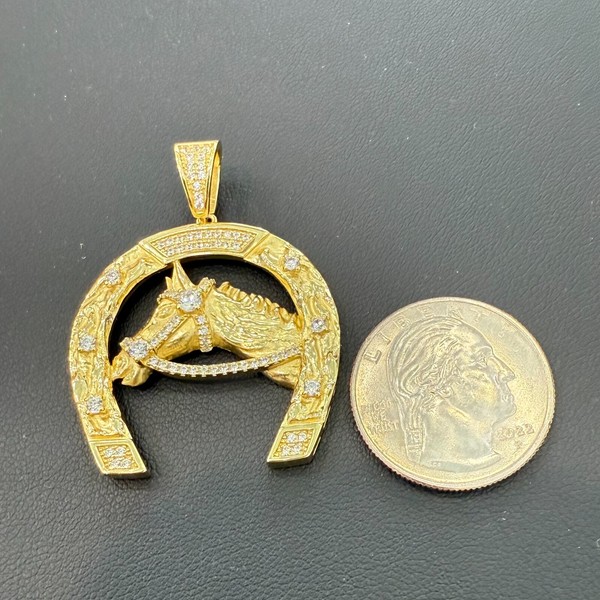 Alternate view of Horse Horseshoe Pendant 1.7" Gold‑plated 925 Sterling Silver Iced Bling Charm
