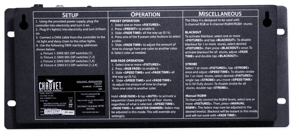 Chauvet Obey 4 Compact DMX-512 LED Wash Light Controller w/3 or 4 Channel Mode - Image 4 of 4