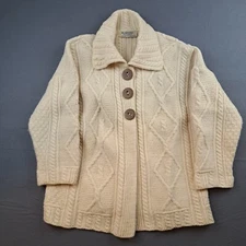 Blarney Woolen Mills Ireland 100% Merino Wool Cream Cable Knit Cardigan Large