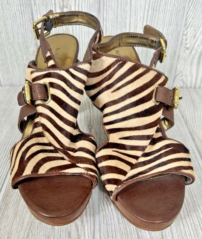 Vintage Nine West Open Toe Platform Cow Leather Shoe Zebra Print Fur Size 8 Heel - Image 4 of 4