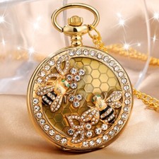 Luxury Crystal Bee Design Unisex Quartz Analog Pocket Watch Chain Women Gift