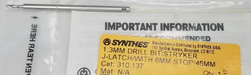 Synthes 310.137 Orthopedic 1.3mm Drill Bit w Stryker J-Latch 1-316&amp;amp;#034; New