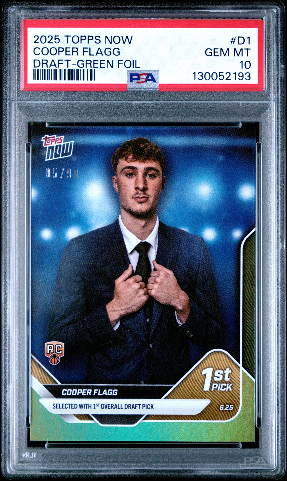 2025 TOPPS NOW DRAFT GREEN FOIL #D1 COOPER FLAGG ROOKIE RC 5/99 PSA 10