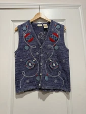 Women’s Bobbie Brooks Festive Ornaments Knit Blue Sweater Vest Small