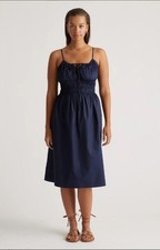 Women's Quince Organic Cotton Keyhole Fit & Flare Midi Dress, Navy Large