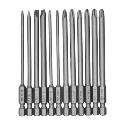 12pcs Steel Slotted and Crosses Head 100mm Long Screwdriver Bit with Hex Shank