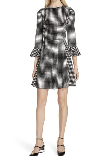 Abito midi Kate Spade ponte pied de poule manica a campana nero bianco taglia M elegante