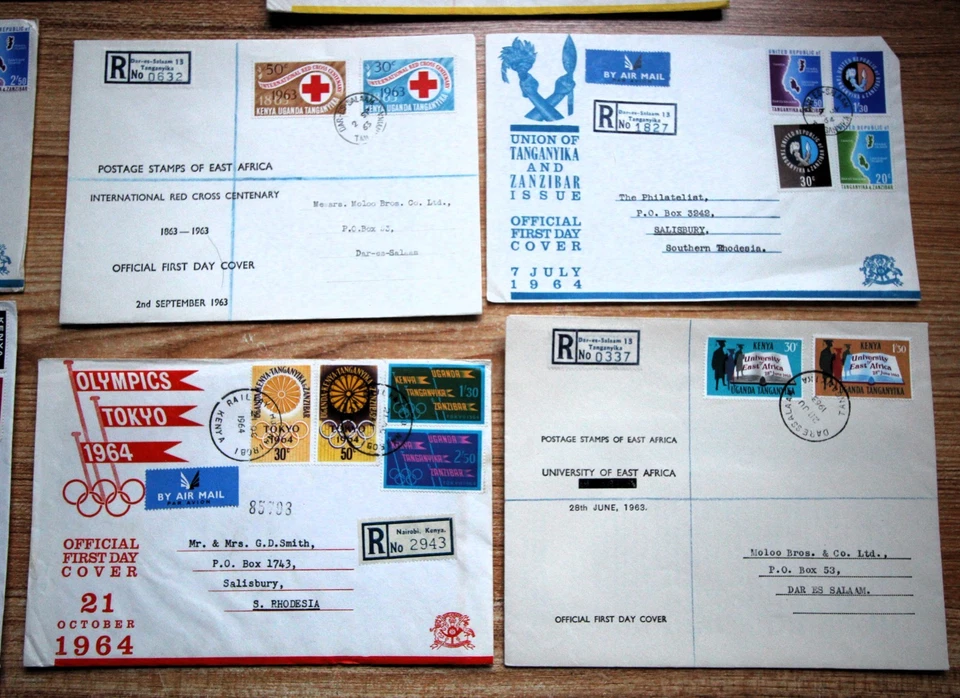 BONITO LOTE DE FDC KENIA, UGANDA Y TANZANIA X 8 ALGUNOS REGISTRADOS 1963 - 1965 Foto 2 de 4