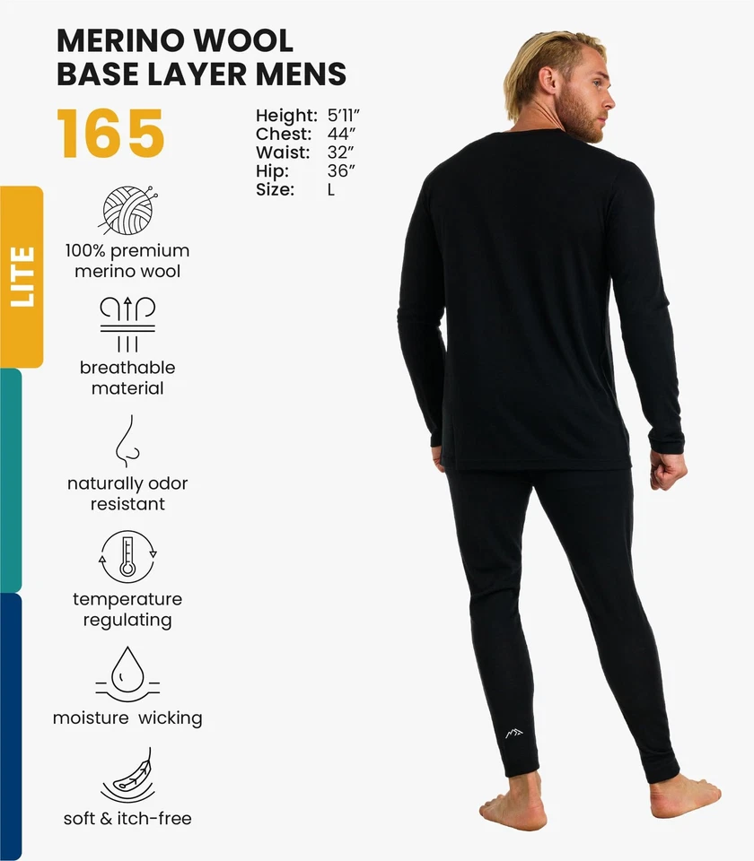 Merino Wool Base Layer Mens Set - Heavyweight, Midweight, Lite Merino Wool Th... - Image 2 of 4