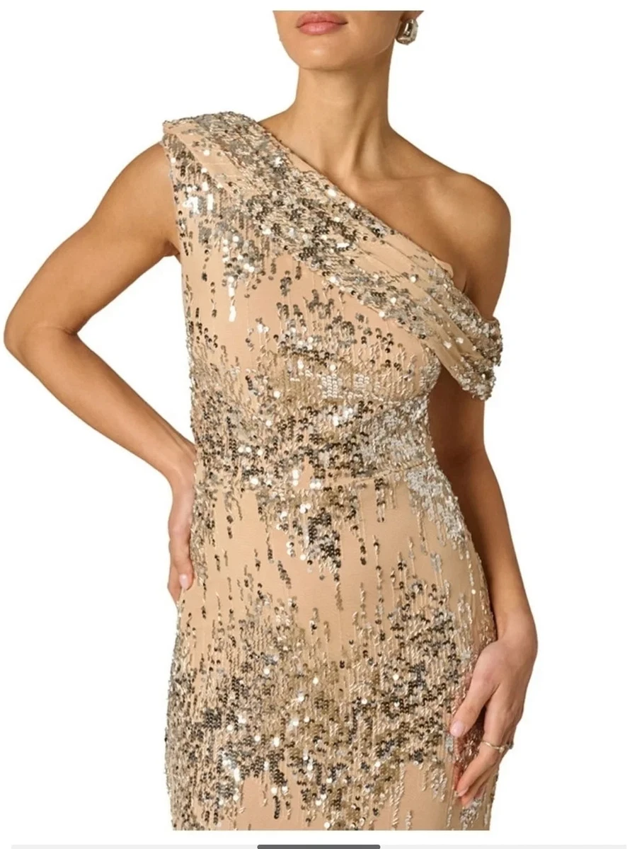 Talla 10 Nuevo Con Etiquetas Vestido Adrianna Papell Drapeado Lentejuelas Un Hombro Vestido Desnudo/Plateado