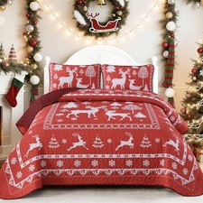 Christmas King Quilt Set 3 Pieces, Reindeer and King 108" 92" Christmas Red