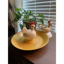Vtg Ceramic Chicken Serving Set! One-Piece Chip & Dip Platter & Rooster Creamer