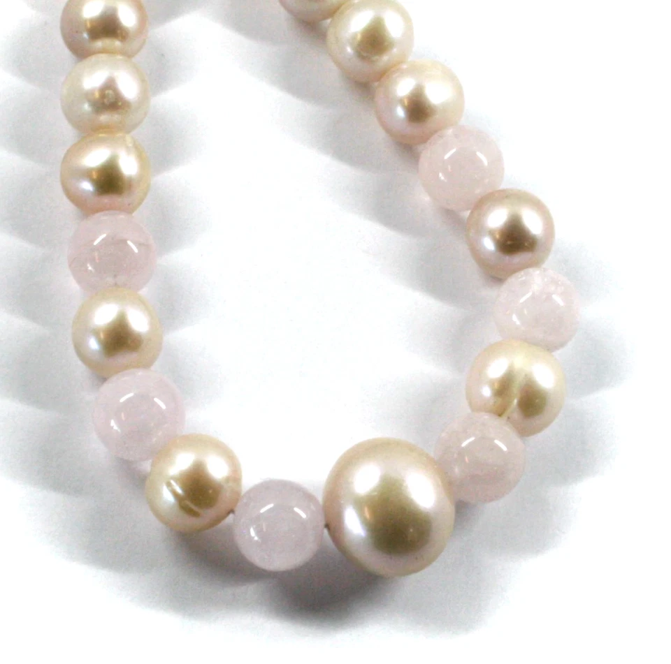 COLLANA ORO BIANCO 18K, CON PERLE ROSA ACQUA DOLCE 10-14 MM E SFERE DI QUARZO - Immagine 2 di 4