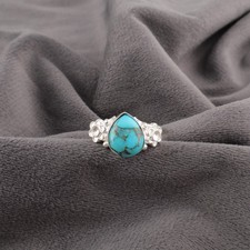925 Sterling Silver Pear Natural Blue Copper Turquoise Band Dainty Ring Jewelry