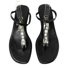 Chanel Black Leather CC Logo Flat Thong Sandals 36.5 Vintage