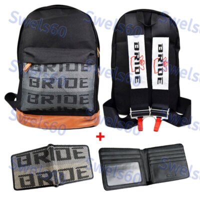 SET JDM Bride Racing Seat Cloth Backpack BLACK Harness Strap&Racin Fabric Wallet