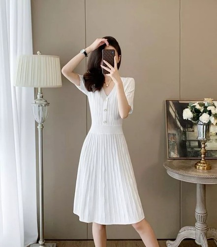 Vestido Mujer Corto Elegante Blanco Suave Elástico En Suéter 07697 - Imagen 8 de 10