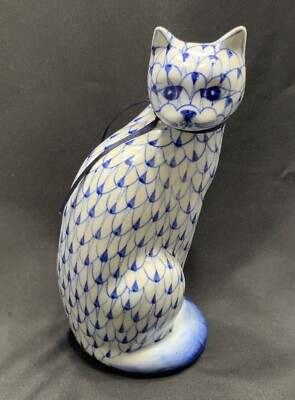 Andrea by Sadek Porcelain Hand Painted Cat Figurine Blue White