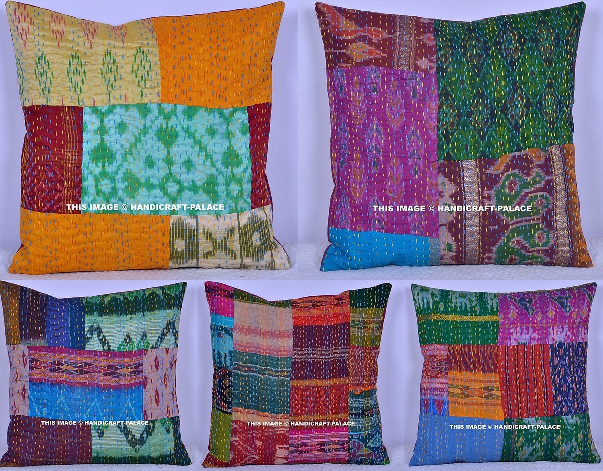 10 PC Kantha Pillows Cushion Covers Silk Vintage Patchwork Hand