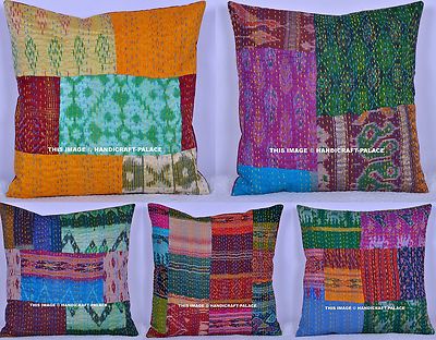 10 PC Kantha Pillows Cushion Covers Silk Vintage Patchwork Hand