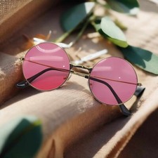 Vintage Big Round Spectacle Sunglasses Fashion Hippie Pink Color Gold Frame