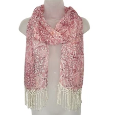 Cejon Women's Lightweight Scarf Wrap Pink White Abstract Fringed Macrame 21x72