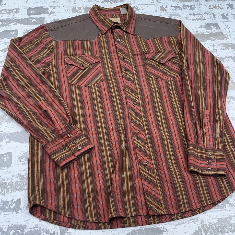 Camisa Scully Hombres Grande Naranja Marrón Rayas Perla A Presión Vaquero South Western Yugo Foto 4 de 4