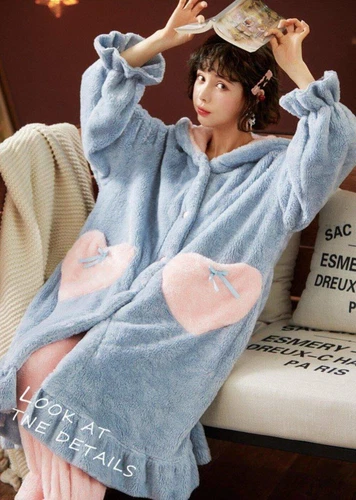 Mädchen Hase Kaninchen lange Ohren Nachthemd warm Flanell Kapuze dick Nachtwäsche PJ's - Bild 17 von 40