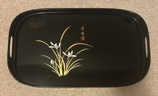 Vintage Obon lacquerware 16 x 9 1/2 Serving Tray ( Gold & White Floral Design )