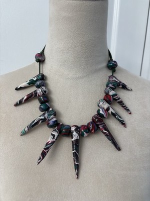 Handcrafted Polymer Clay Spike Statement Necklace Multicolor Abstract Art Beads