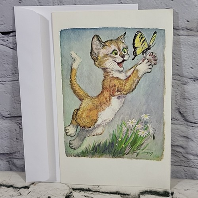 #ad Vintage Paper Note Card Stationary Cat Chasing Butterfly 1962 $7.99