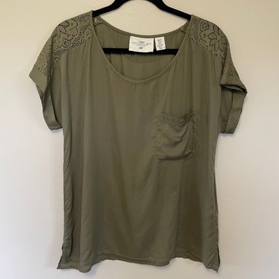 Earthy H&M LOGG Olive Green Lace Shoulder Pocket T-Shirt Cap Sleeve Boho Sz 10