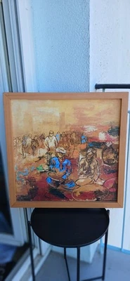 Tableau encadré signé, scène avec personnages (thème personnage) - Photo 1/2