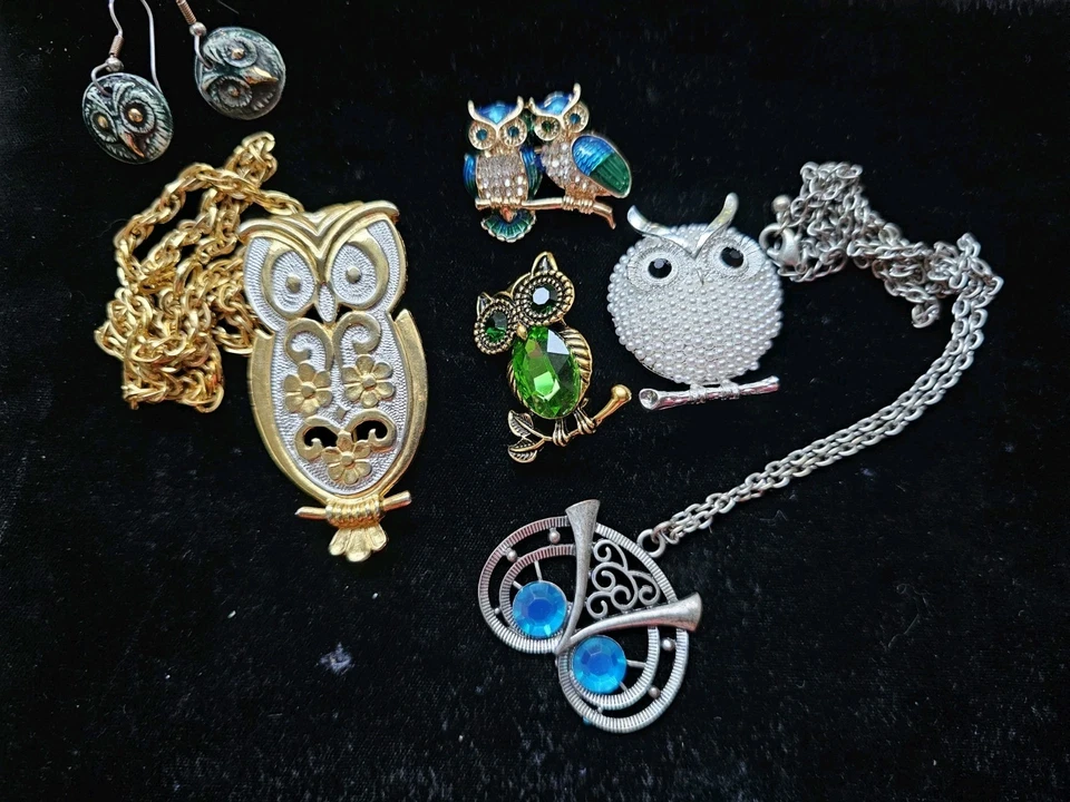 6p Lot Owl Fashion Costume Jewelry Brooch/Pin Necklace Ceramic Eearings Figural - Image 2 of 4