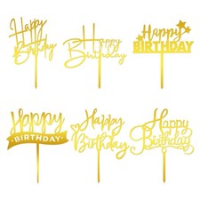 6Pcs Gold Happy Birthday Cake Toppers Acrylic Sign for 6...