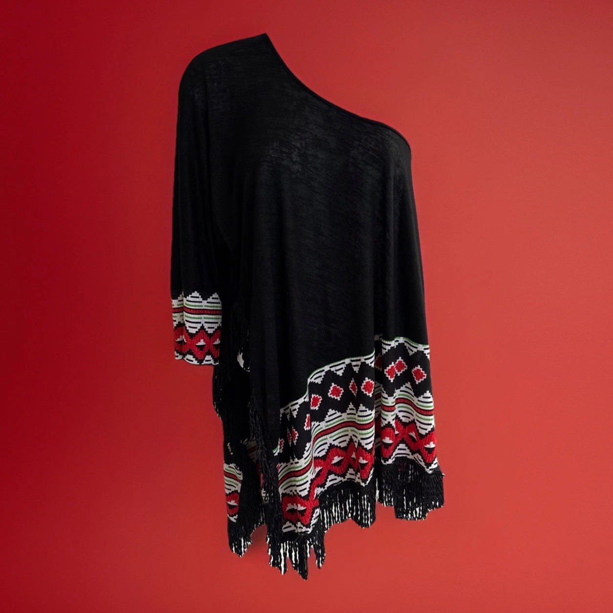 Vintage, Aztec Geometric, Fringe, 1 SLEEVE Poncho Women Sz S, Boho, whimsical