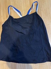 Lands End Woman 16W Tankini Swim top Black Spaghetti Double straps blue white
