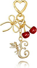 Initial Keychain with Bow and Cherry,Gold Letter Bag Charms for Women,Cute Purse