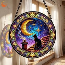Stained Glass Cat Moon Suncatcher Rooftop Night Window Hanging Celestial Star