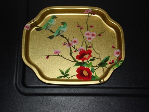 Juego De Colección De 9 Bandejas De Lata Chinoiserie Estilo Asiático Elite Tono Dorado Inglaterra Años 70 - Imagen 6 de 9