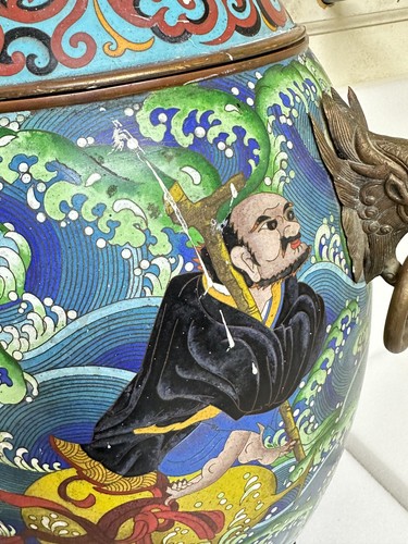 32" BEAUTIFUL Asian Chinese Bronze Copper Enamel Cloisonne Urn Pot Vase Jar Gods - Picture 13 of 24