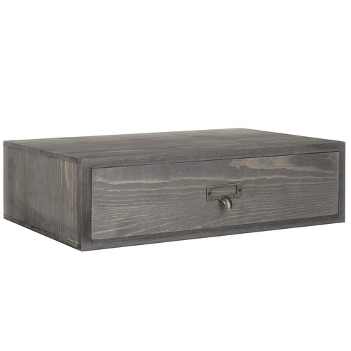 Rustic Grey Wooden Desktop Monitor Stand w/ Pull Out Storage Drawer & Label - Picture 2 of 6