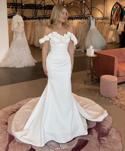 Satin Wedding Dresses Mermaid Off Shoulder Sweep Train Beho Bridal Gowns