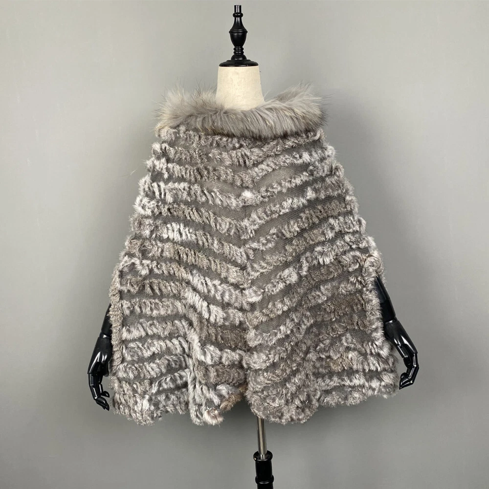 OFF WHITE Cappotto scialle donna invernale pelliccia di procione collo vera pelliccia di coniglio pelliccia intrecciata cappuccio