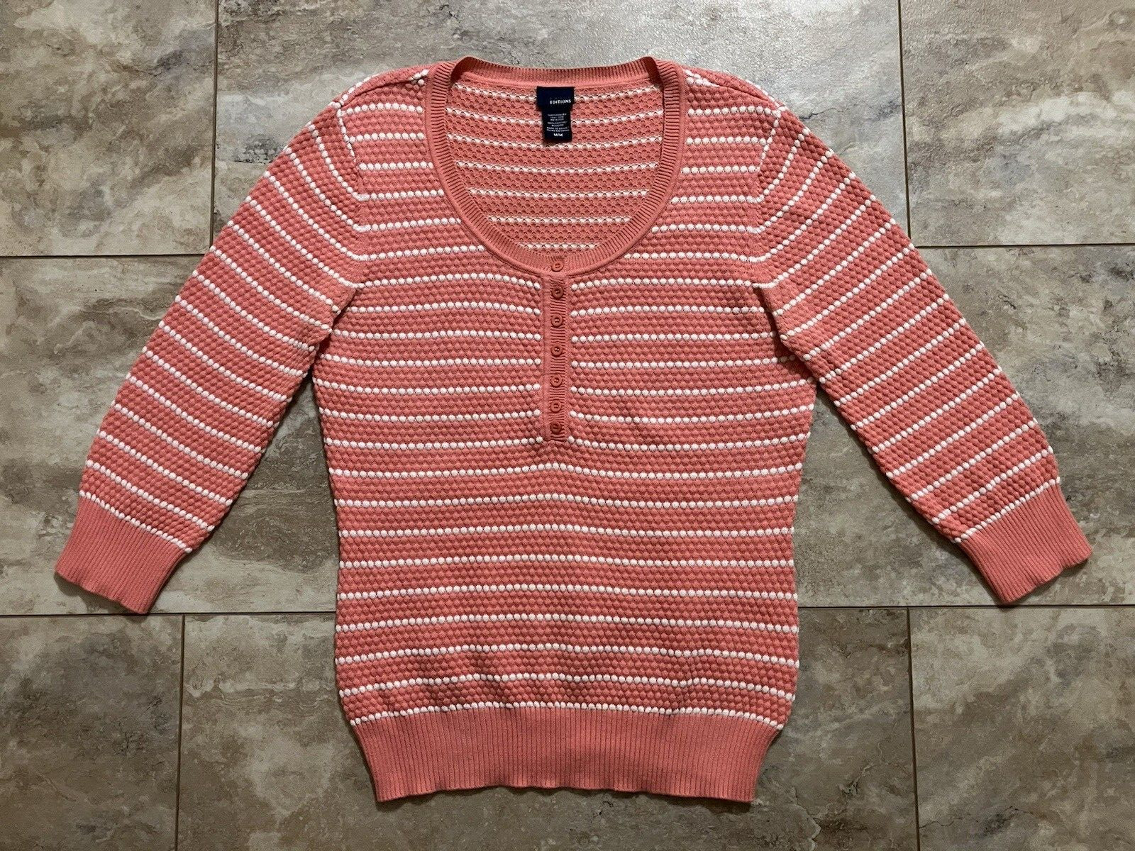 Basic Editions Women Size M Coral White Striped Henley Pullover Sweater