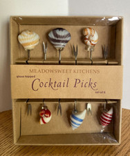 Glass Shell Topped Cocktail Picks Appetizer Skewers Snack Sticks Set of 6