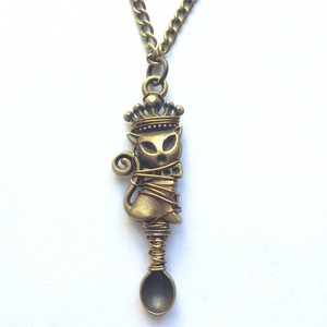 Bronze Kitty Cat Spoon Charm Long Chain Clasp Necklace Gift US Seller