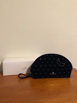 NIB Swarovski Dark Blue Velvet Silver Lining Cosmetic Pouch Bag Moon & Stars